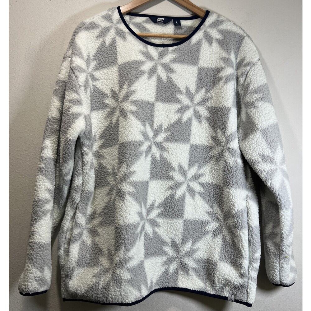 Lands’ End Women LARGE White Gray Sherpa Fleece Pullover Sweatshirt Holiday